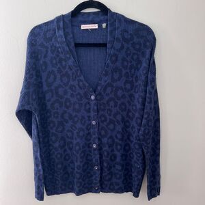 Rebecca Taylor Navy Blue Leopard Print Button Front Cardigan‎ Sweater Wool Blend